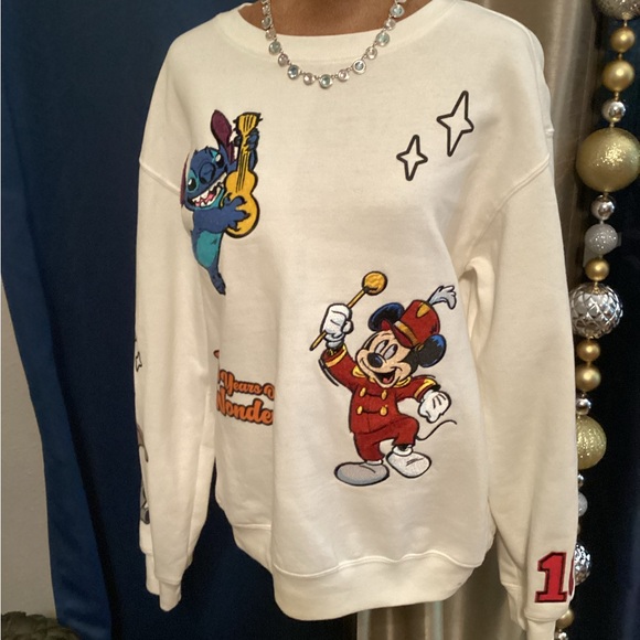 Disney Sweaters - NWOT Disney Off White Graphic Sweater with Mickey and Stitch